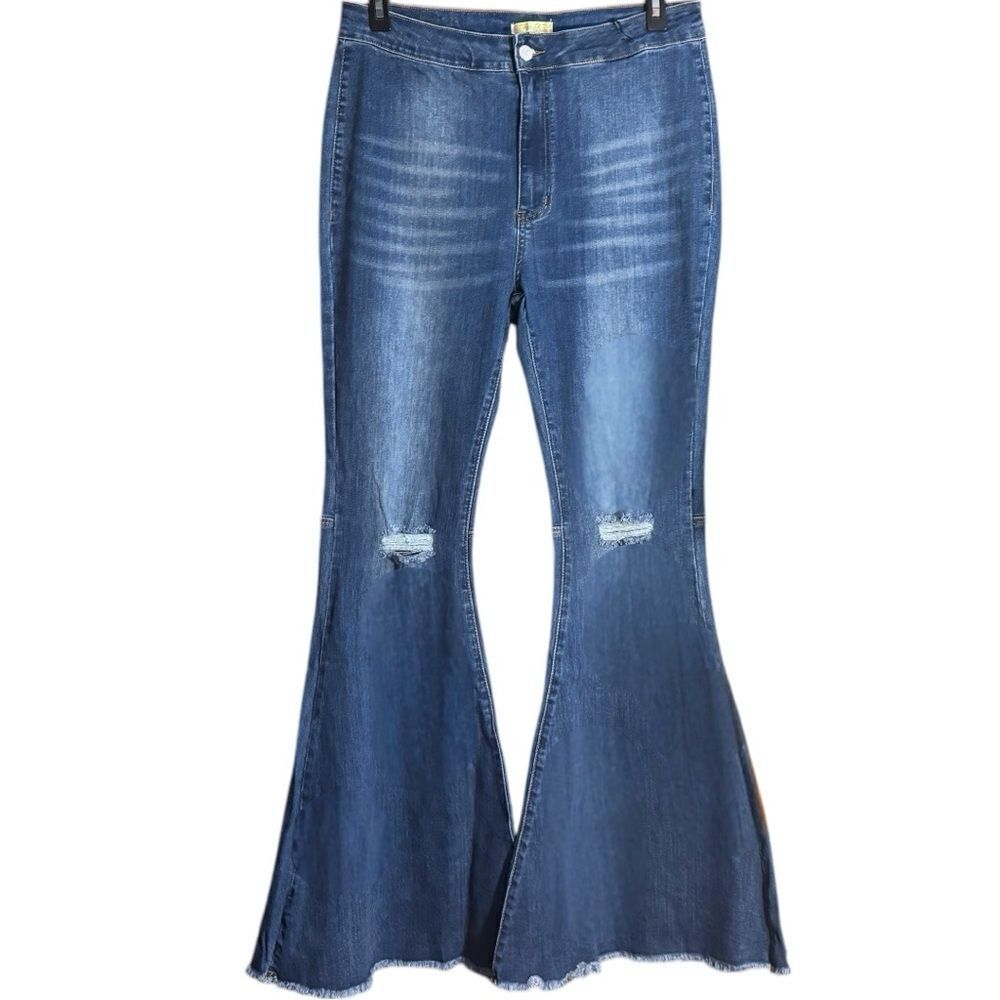 Mid Wash Distressed Knee Flare Jeans | High Rise Stretch | Raw Hem | NWT - Picture 15 of 16